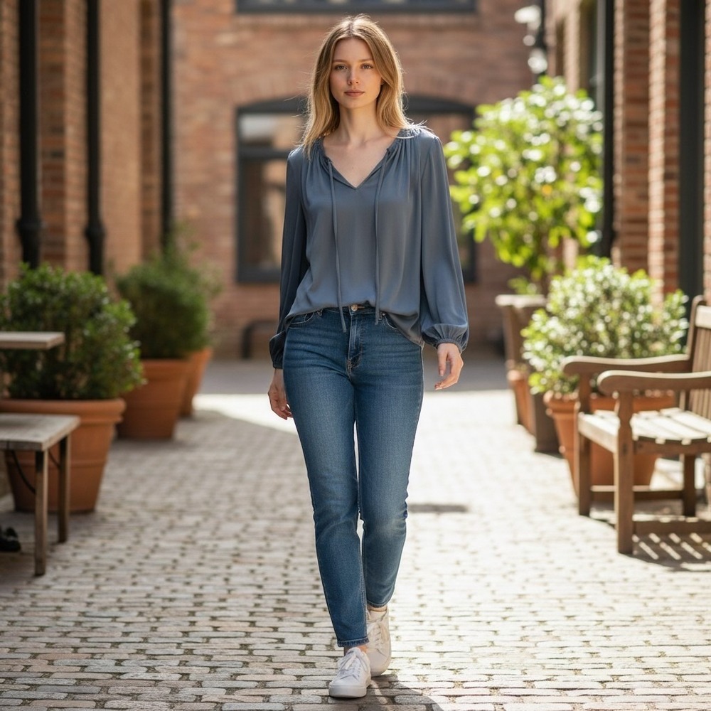 Chelsea & Theodore Blue  Long Sleeve Blouse Size L Lagenlook BohoChic Indie EUC